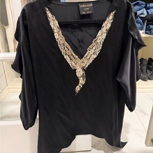 Black Women's Lace-Trim V-Neck Top